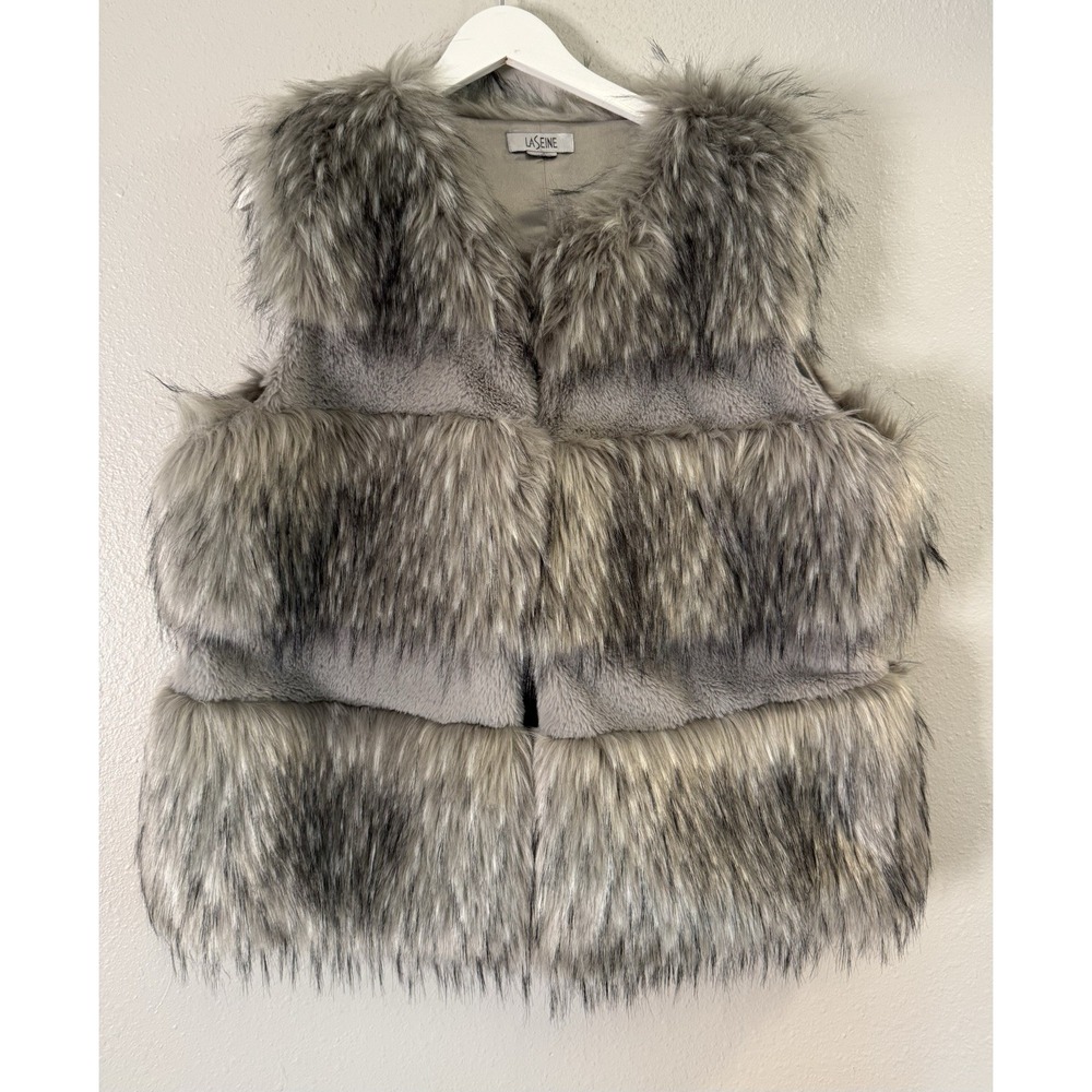 LaSeine Gray Faux Fur Vest Shaggy Tiered Mob Wife Après Ski Glam L-XL